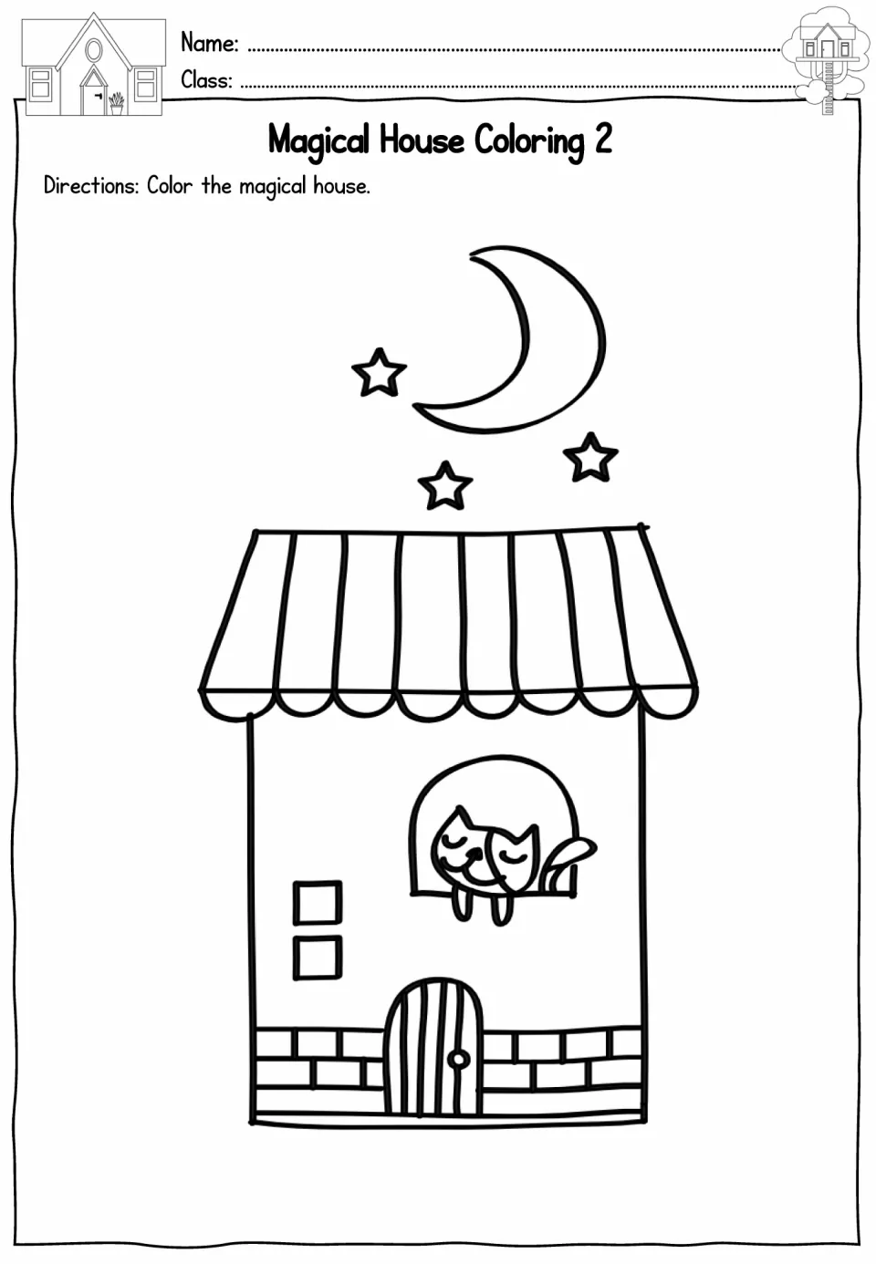Magical house coloring worksheet 2 featuring a cat resting in a window beneath a crescent moon and stars