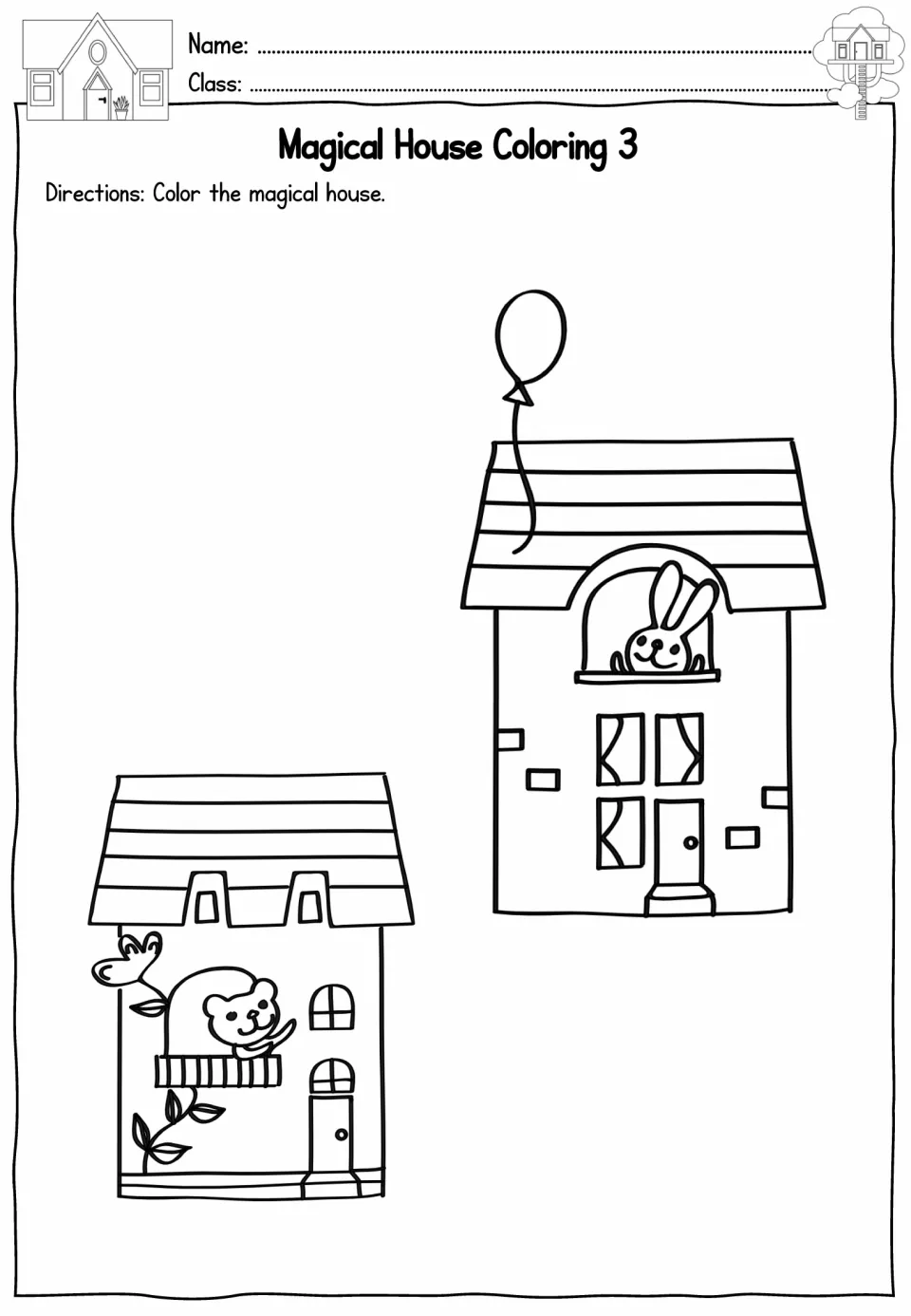 Magical house coloring worksheet 3 featuring two houses, a bear and rabbit at windows, and a balloon
