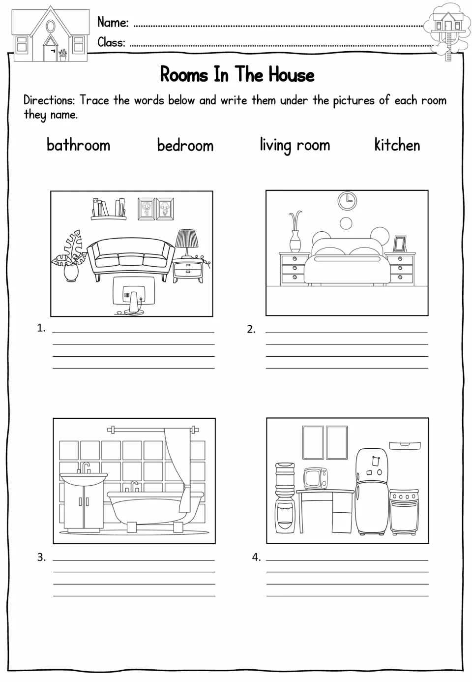 Room vocabulary worksheet asking students to name pictured rooms: bathroom, bedroom, living room, and kitchen