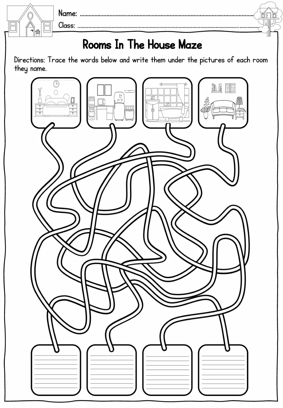 Rooms in the House Maze worksheet connecting bedroom, kitchen, bathroom, and living room pictures to writing spaces