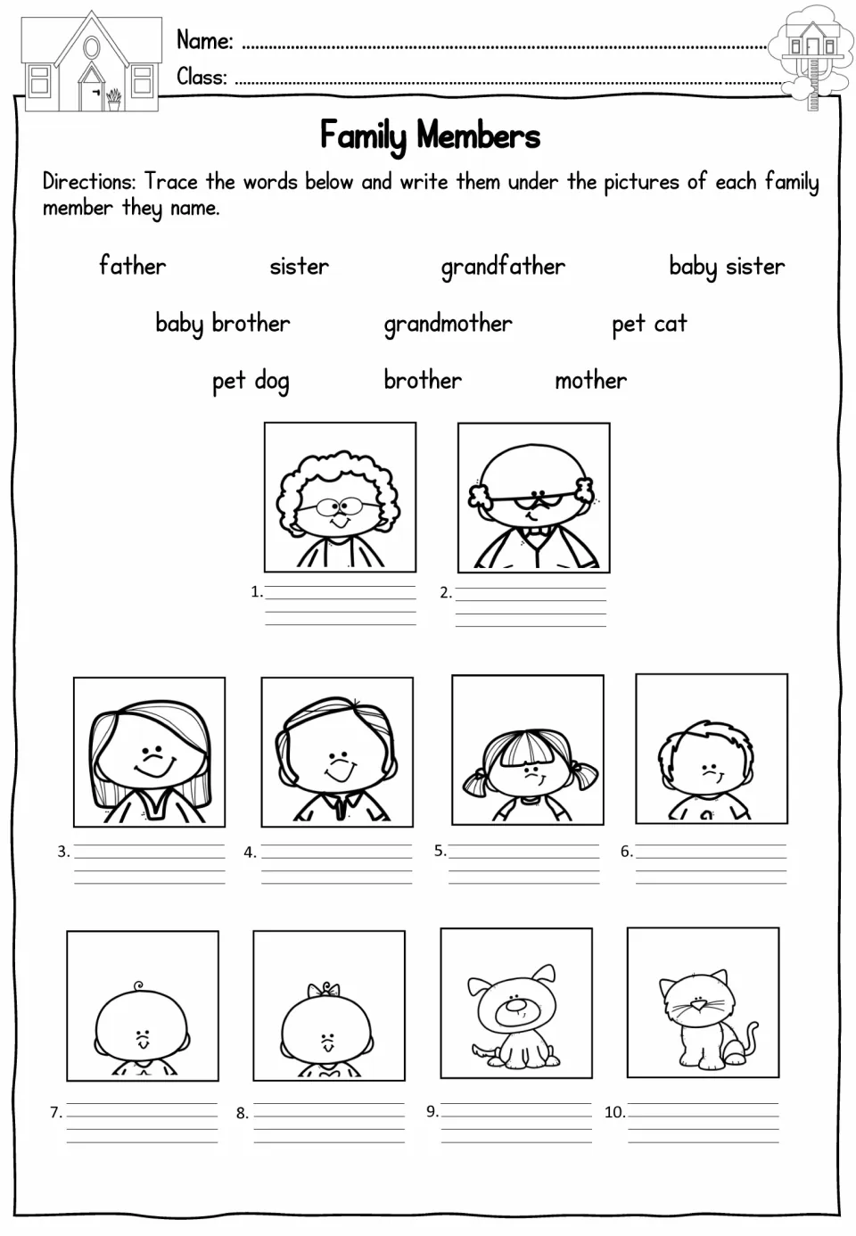 Family vocabulary worksheet for labeling 10 pictures, including parents, grandparents, siblings, and pets