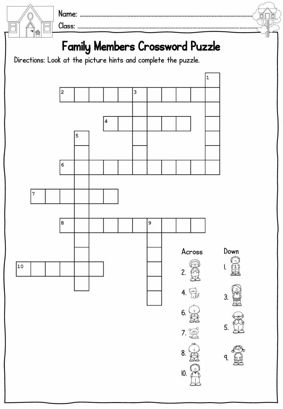 Family Members Crossword Puzzle worksheet using 10 picture clues for family members, a pet cat, and a pet dog