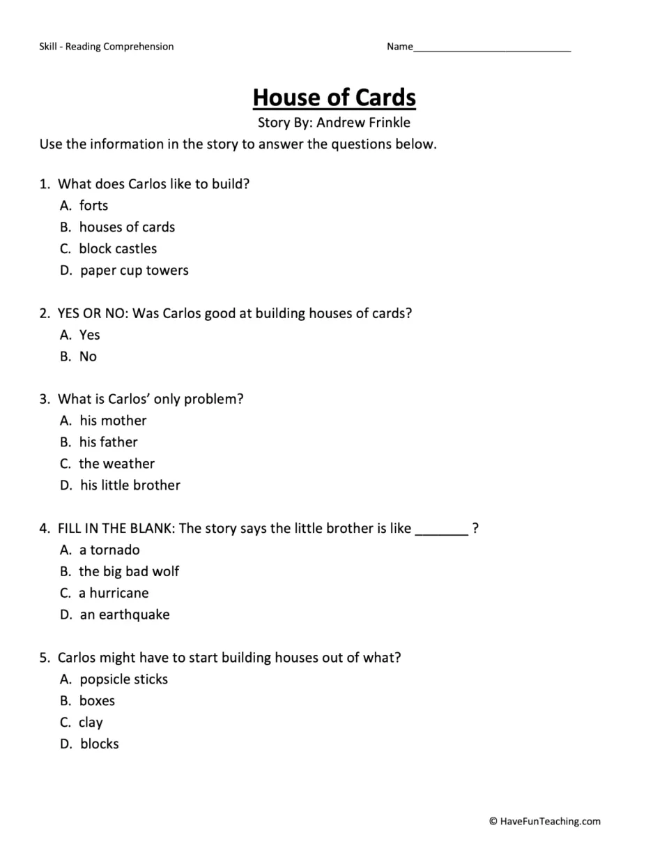 Five reading comprehension questions about what Carlos builds, his skill, his brother, and using blocks.