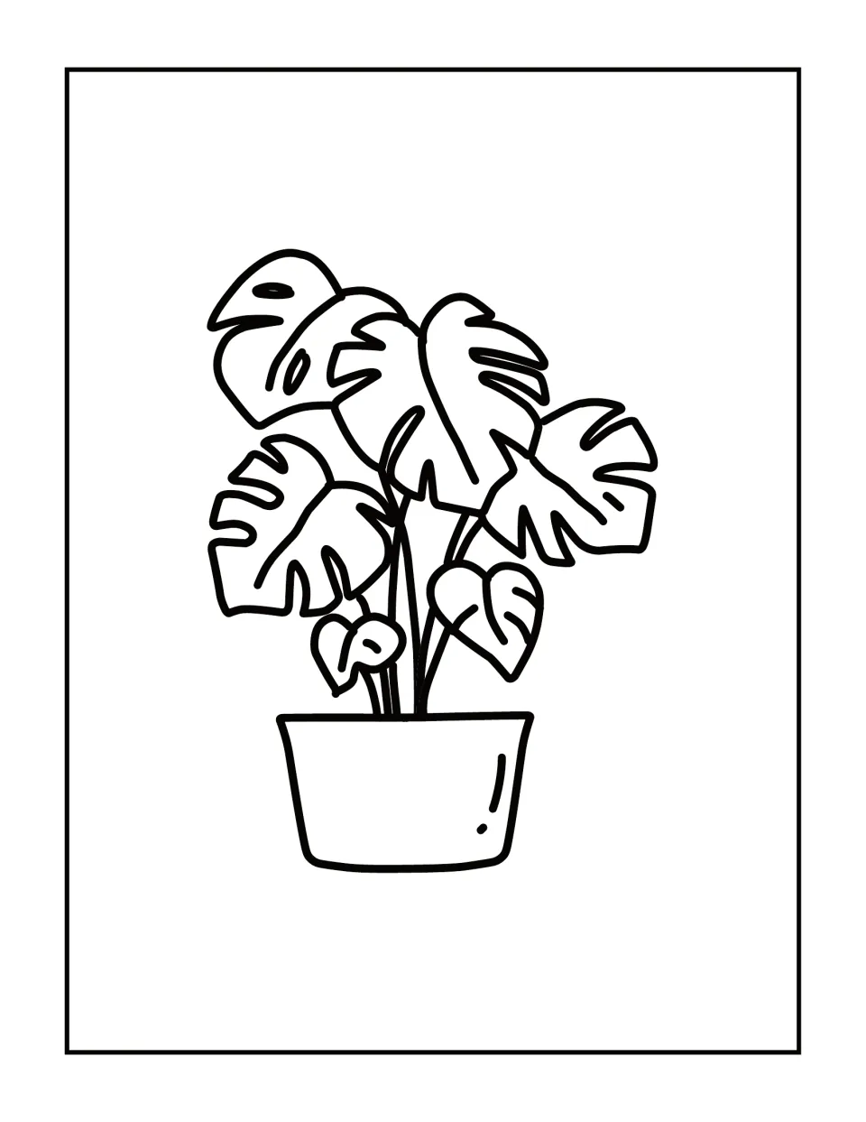 Monstera houseplant coloring page: students color the large split leaves, thin stems and the pot