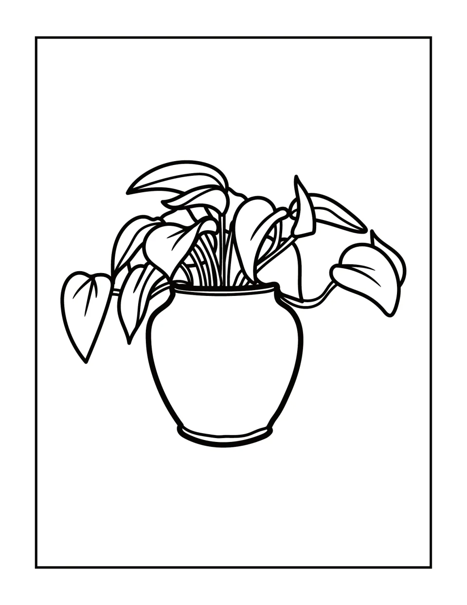 Trailing houseplant coloring page: students color the heart-shaped leaves and the round vase-style pot