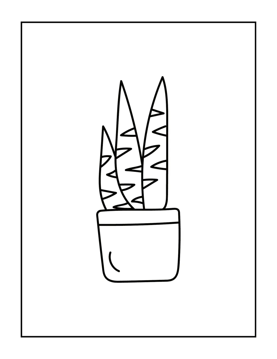 Snake plant coloring page: students color three tall pointed leaves with zigzag markings and a simple flowerpot