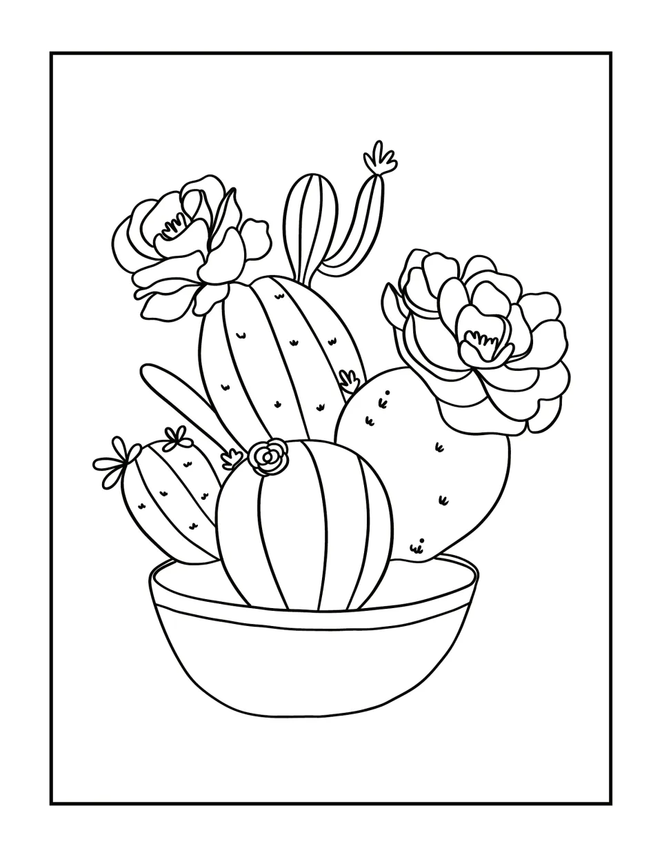 Cactus garden coloring page: students color round and tall cacti, blooming flowers and a shallow bowl planter