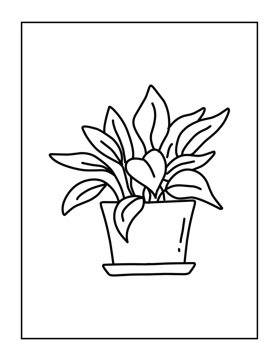 Leafy houseplant coloring page: students color many pointed leaves growing from a tapered pot on a saucer