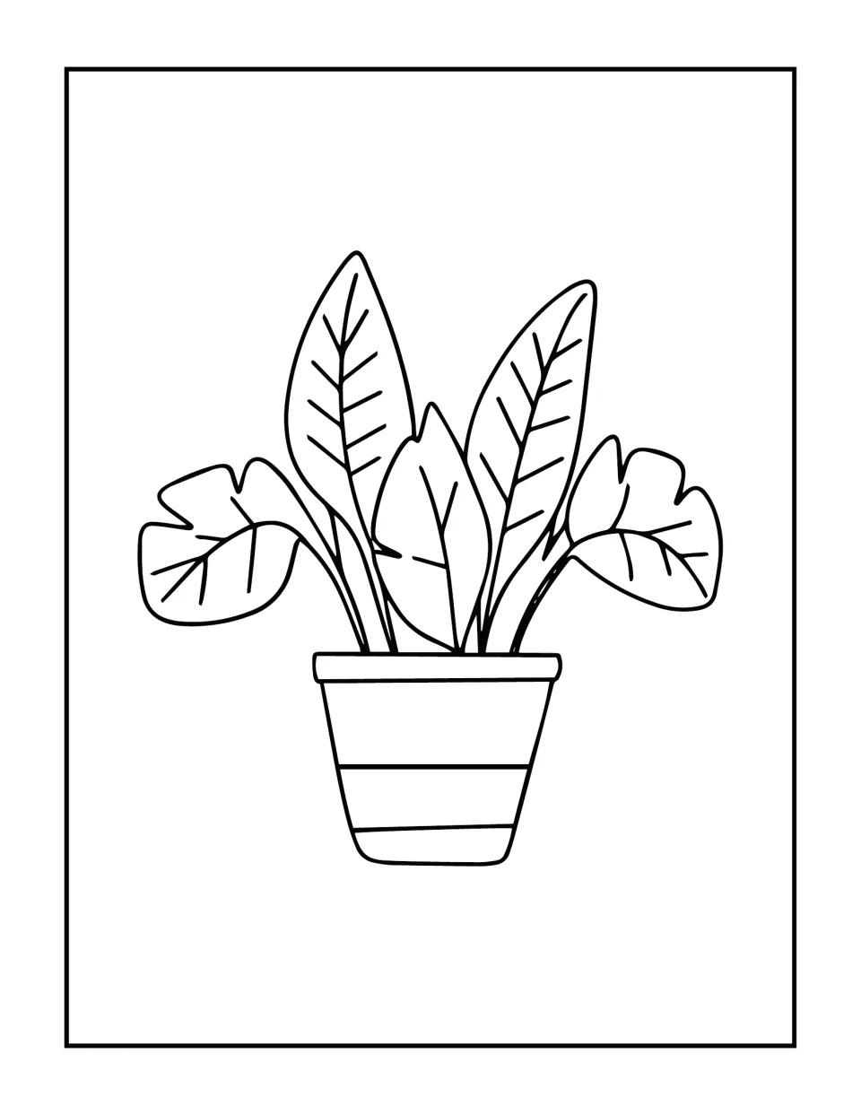 Potted plant coloring page: students color broad veined leaves and a striped flowerpot