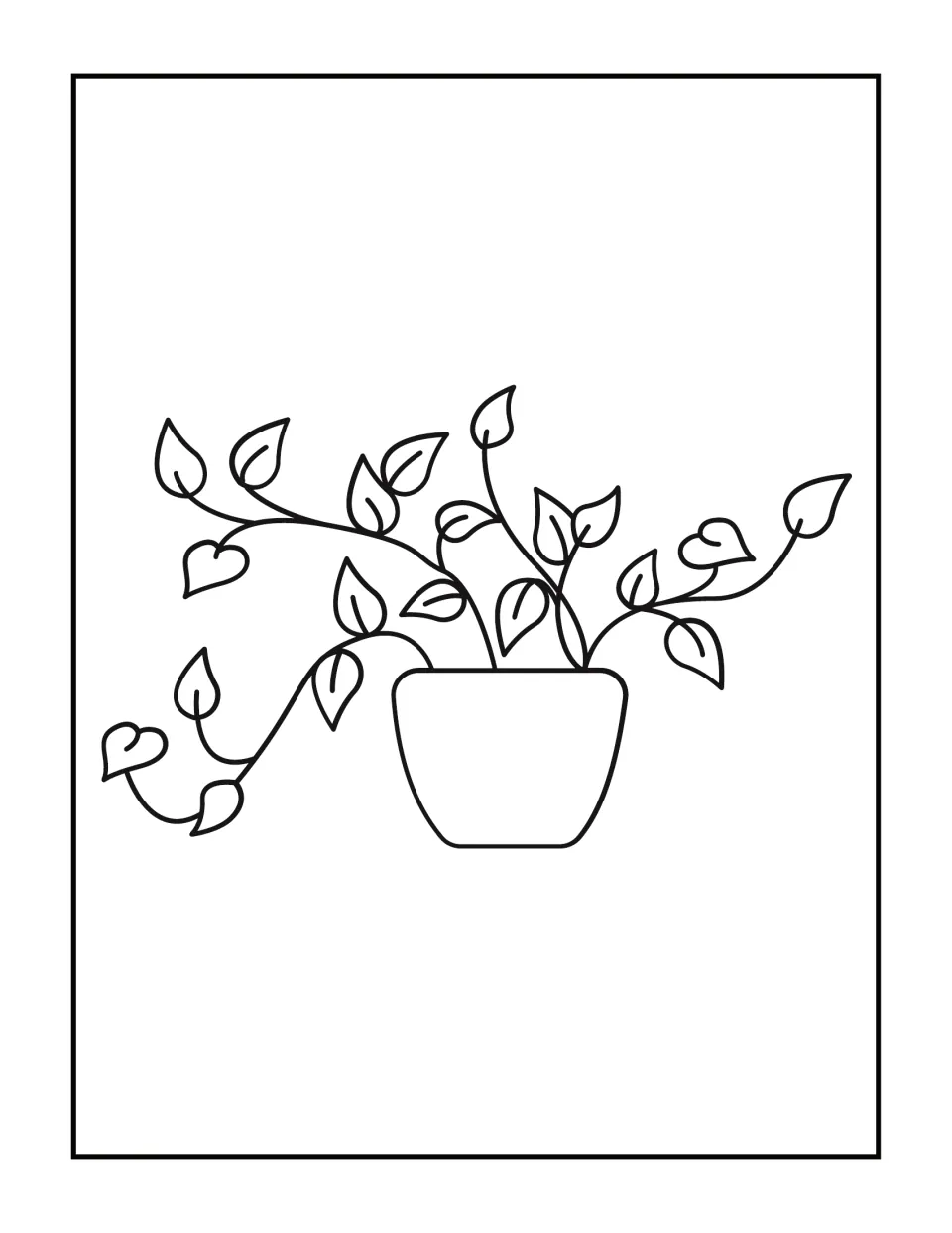 Trailing vine coloring page: students color small heart-shaped leaves on long curling stems spilling from a pot