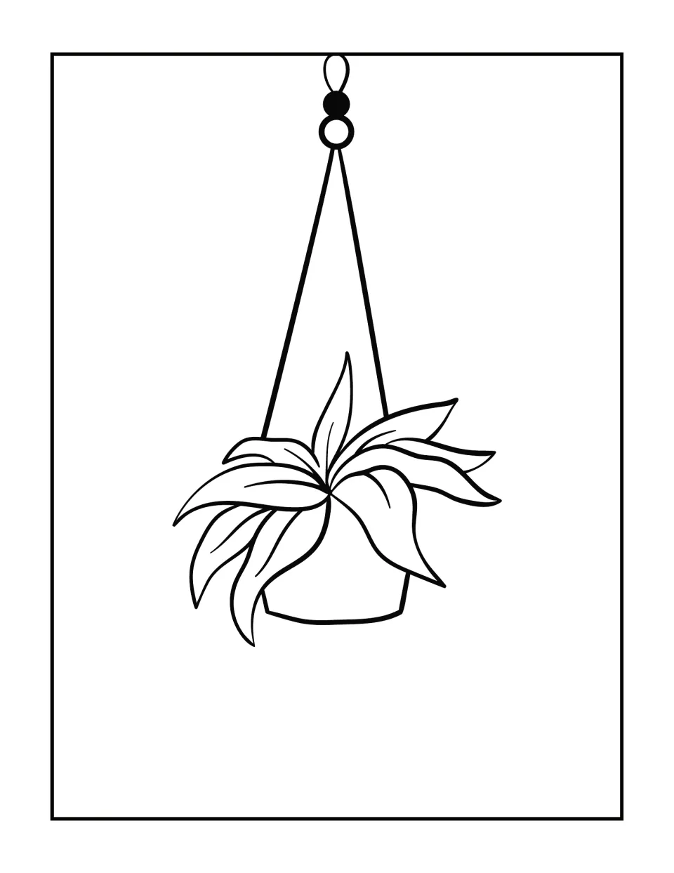 Hanging plant coloring page: students color a hanging pot with a beaded cord and long curving leaves