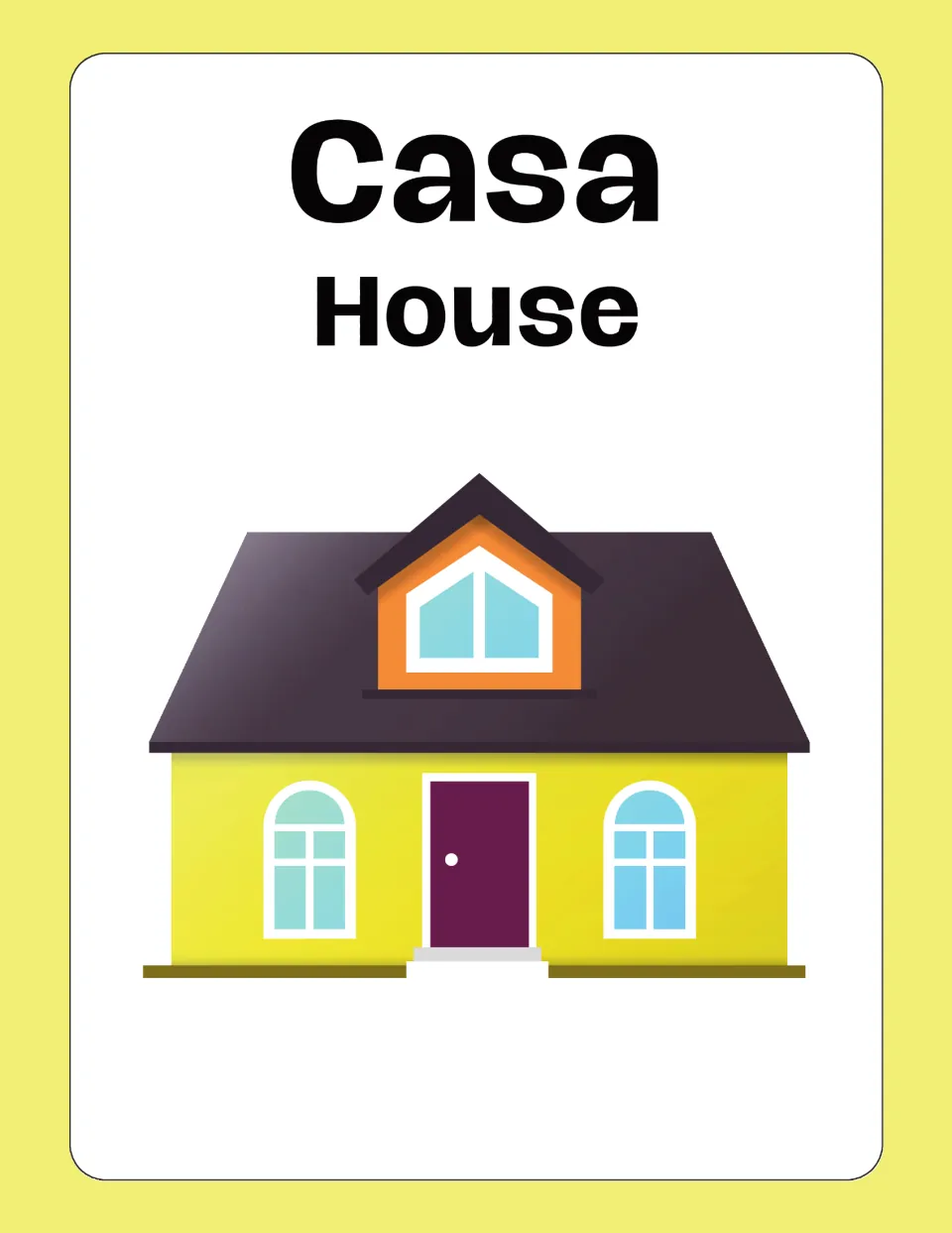 Italian house-vocabulary flashcard 1: Casa (House), illustrated by a house with a front door and windows