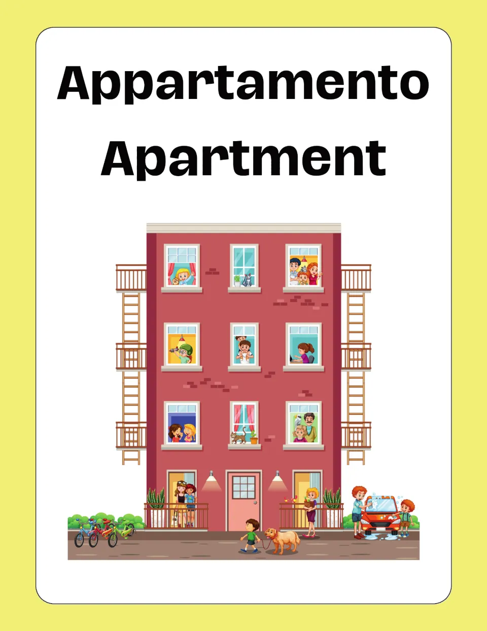 Italian house-vocabulary flashcard 2: Appartamento (Apartment), illustrated by an apartment building