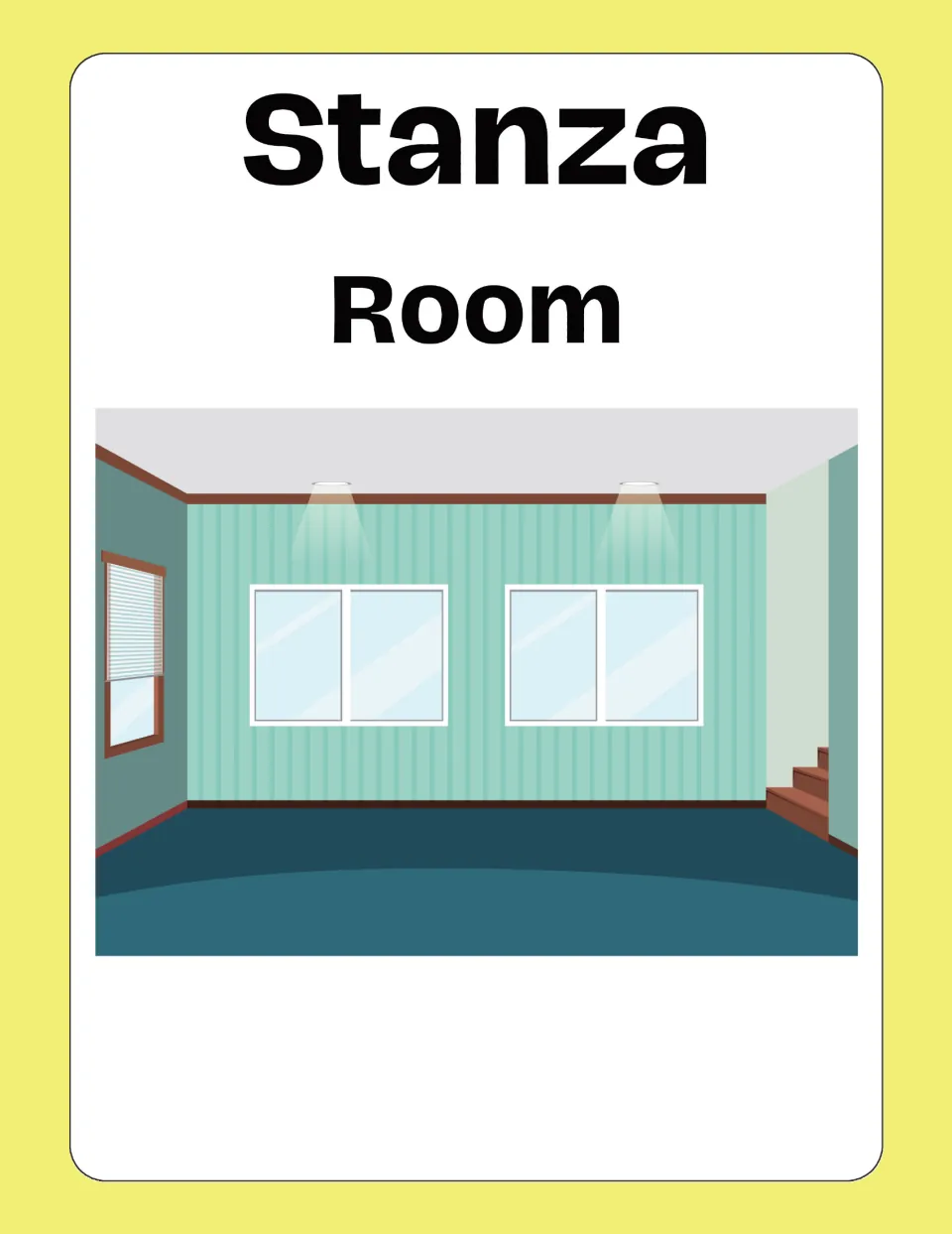 Italian house-vocabulary flashcard 3: Stanza (Room), illustrated by an empty room with windows and stairs
