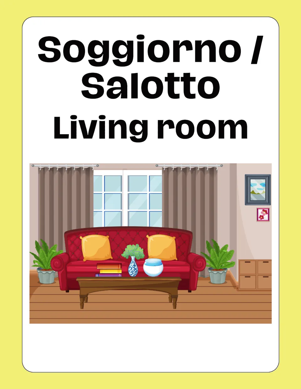 Italian house-vocabulary flashcard 4: Soggiorno / Salotto (Living room), illustrated by a sofa and table