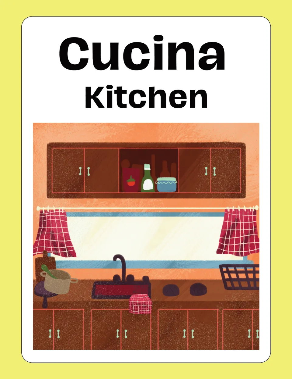 Italian house-vocabulary flashcard 5: Cucina (Kitchen), illustrated by kitchen cabinets, a sink, and stove
