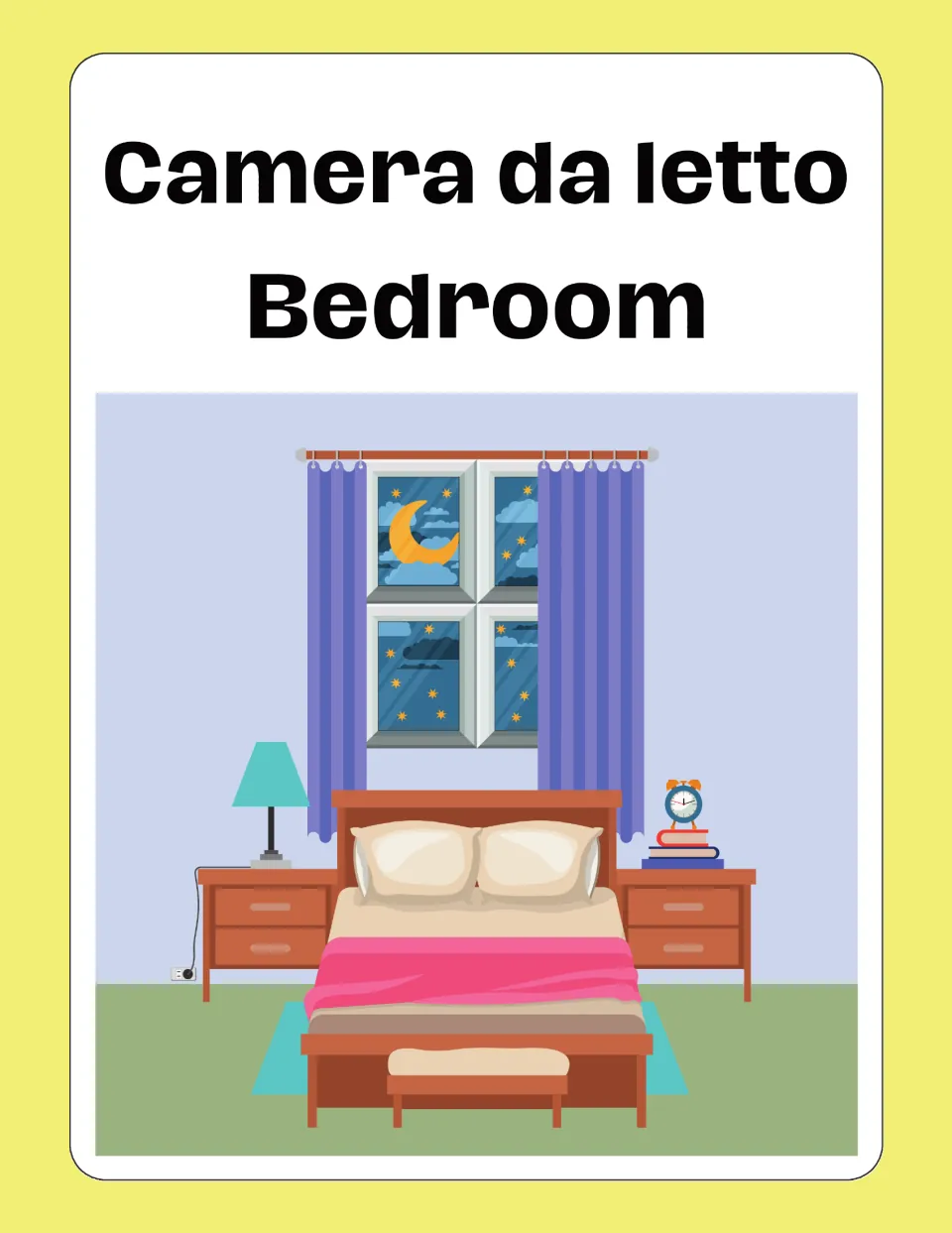Italian house-vocabulary flashcard 6: Camera da letto (Bedroom), illustrated by a bed and nightstands