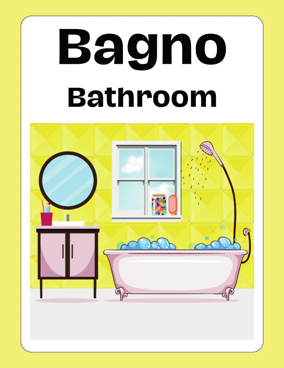 Italian house-vocabulary flashcard 7: Bagno (Bathroom), illustrated by a bathtub, shower, sink, and mirror