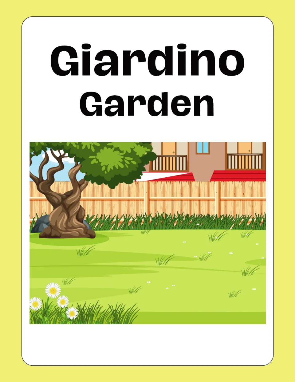 Italian house-vocabulary flashcard 9: Giardino (Garden), illustrated by a grassy garden with a tree and flowers