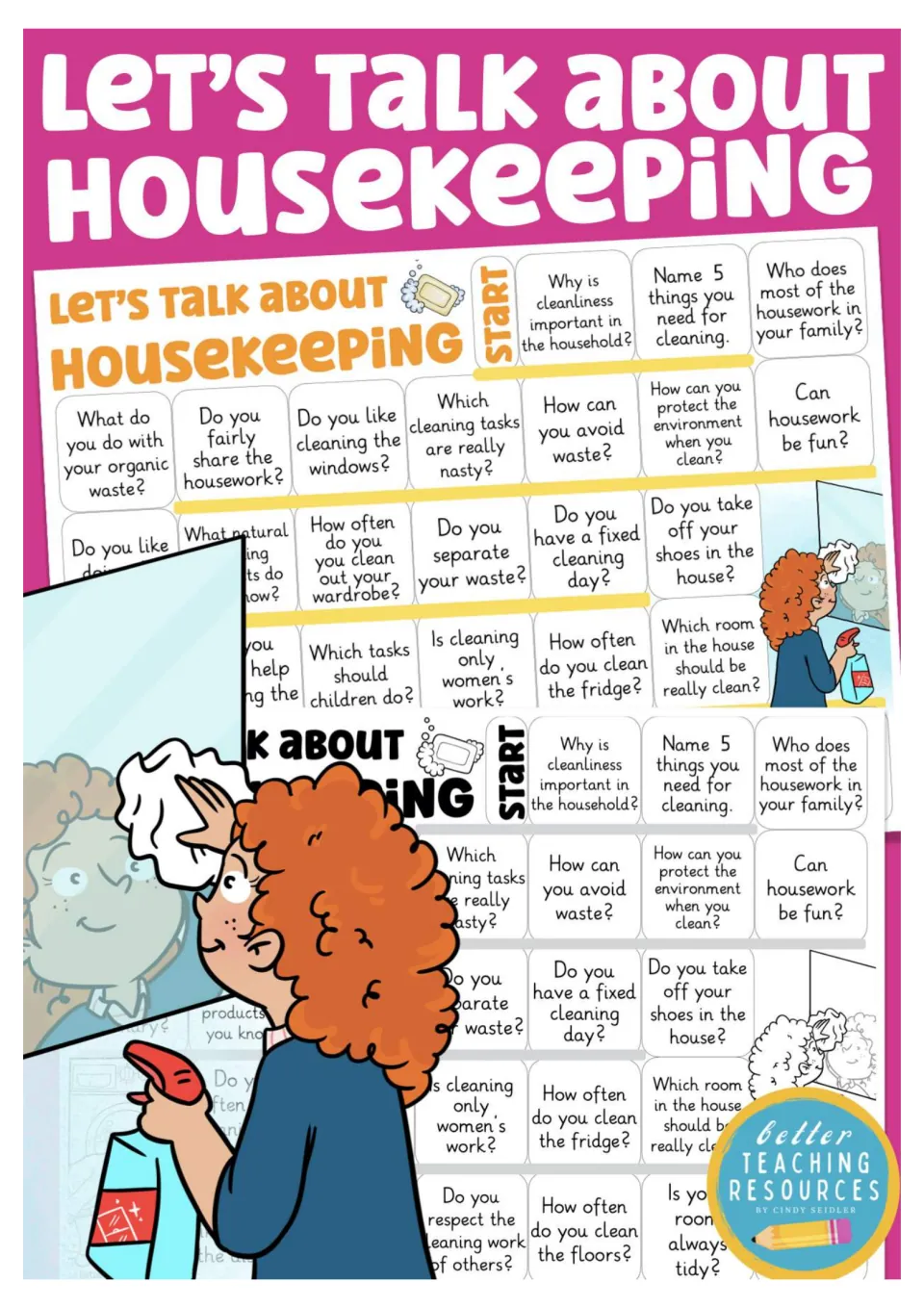 Cover of the housekeeping speaking game, showing color and black-and-white versions of the question board.
