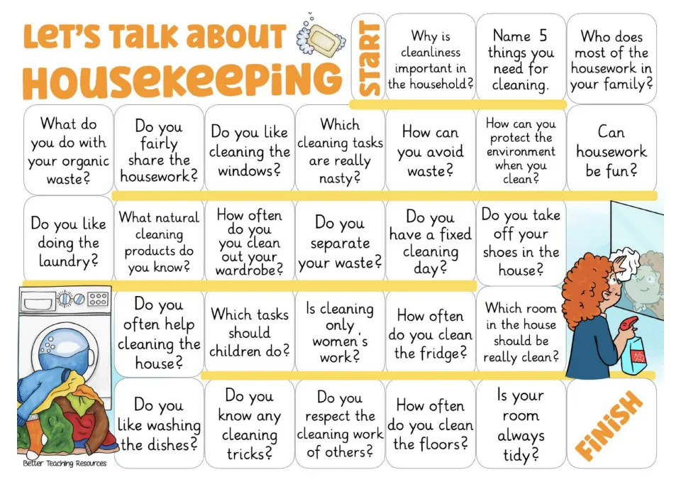 Color speaking game board with 26 housekeeping questions about cleaning, sharing housework, and waste.