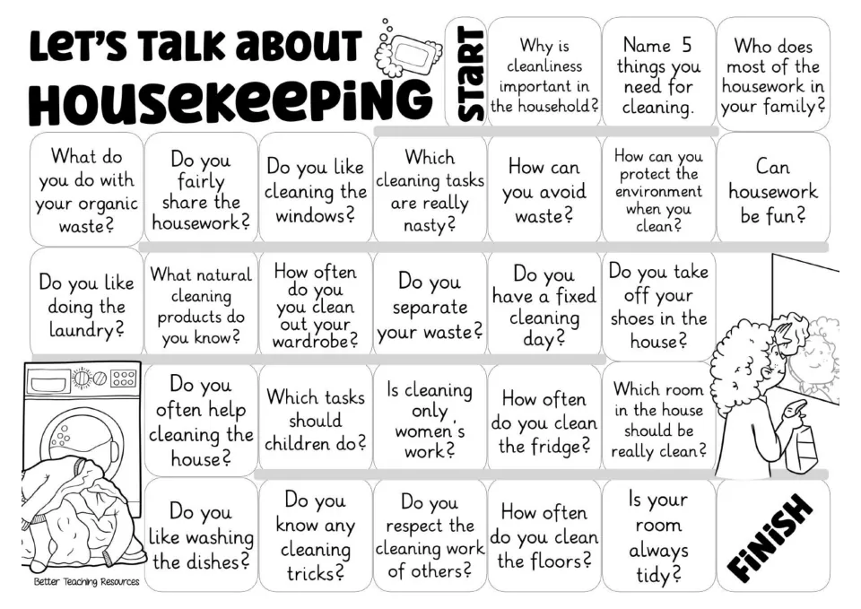 Black-and-white speaking board with the same 26 questions, including 'Do you like washing the dishes?'