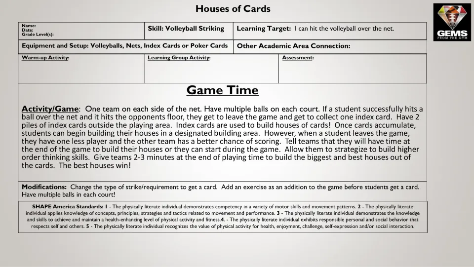 Volleyball striking lesson plan: teams hit balls over the net to earn index cards, then build card houses at the end
