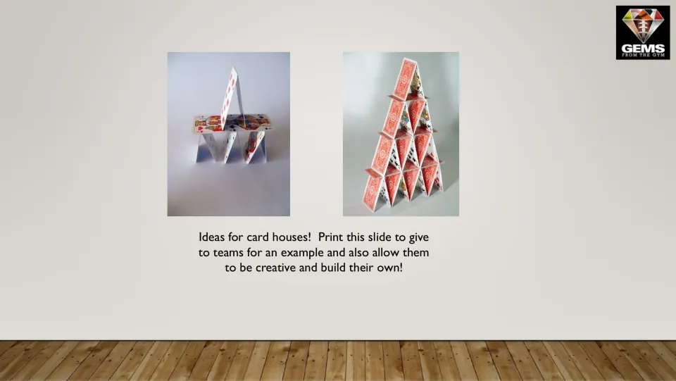 Card house ideas: color photos of a two-level card house and a tall card pyramid for teams to copy or use as inspiration