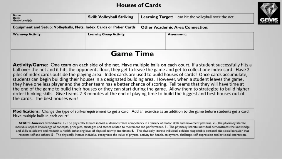 Grayscale version of the volleyball striking game plan: hit over the net to collect a card, then build the best card house