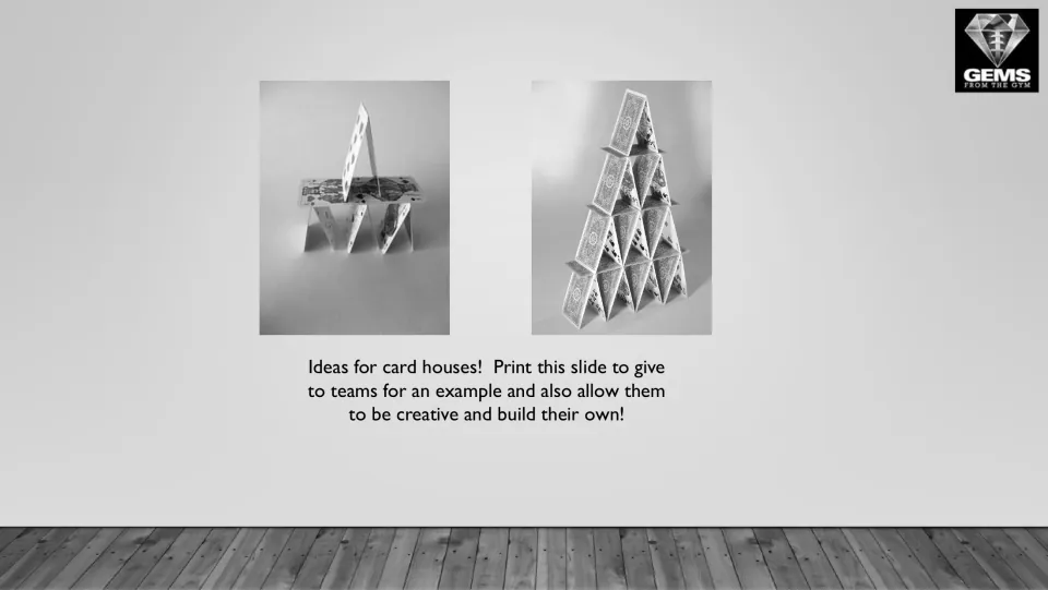 Grayscale card house examples: photos of a simple two-story build and a multi-level pyramid of playing cards for teams