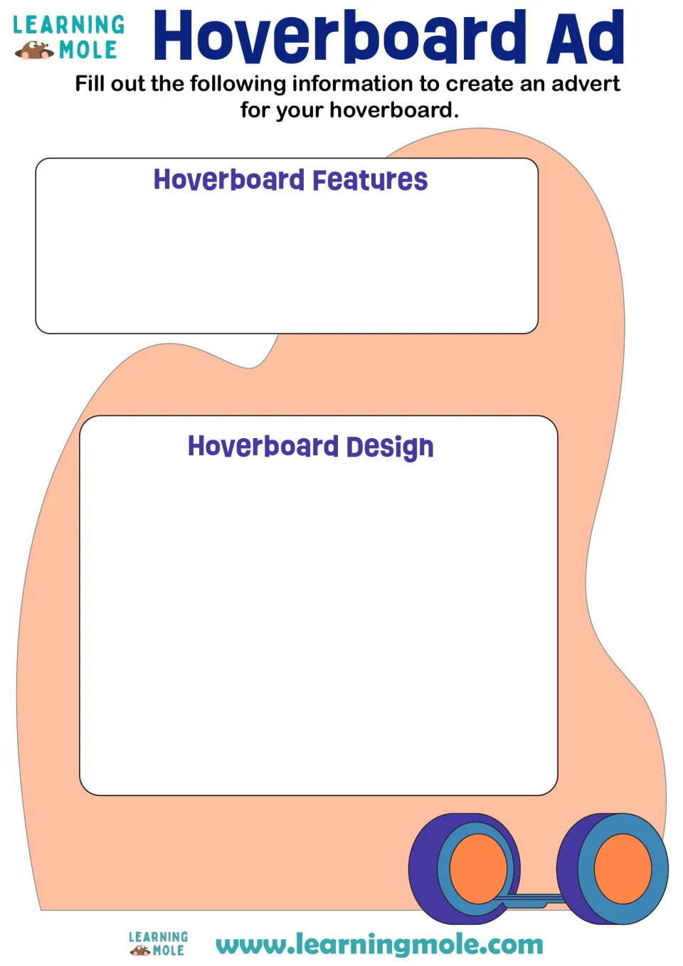 Hoverboard advert planner: students list their hoverboard's features and draw its design to create an advertisement