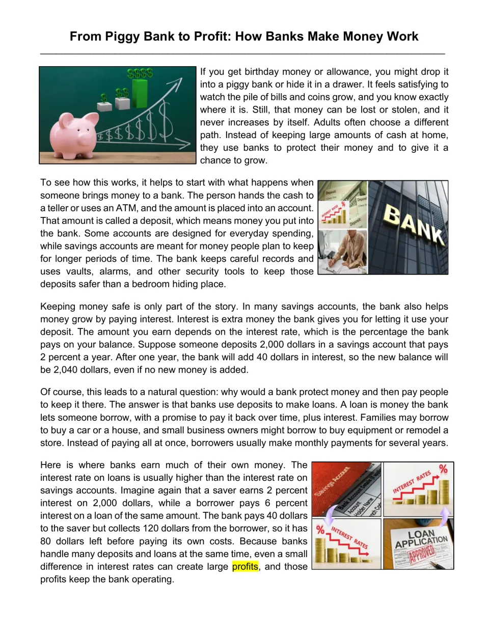 How banks make money reading passage: students read about deposits, interest and loans with a piggy bank and bank photos