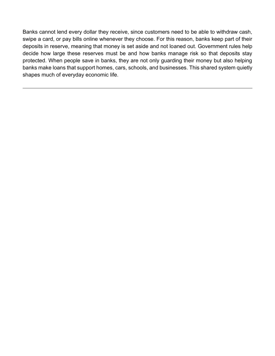 Reading passage conclusion on bank reserves: students read why banks keep some deposits aside and cannot lend every dollar