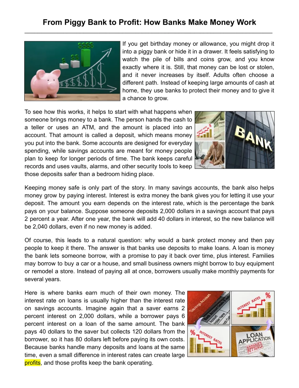From Piggy Bank to Profit passage: students read how deposits, interest rates and loans let banks earn profits