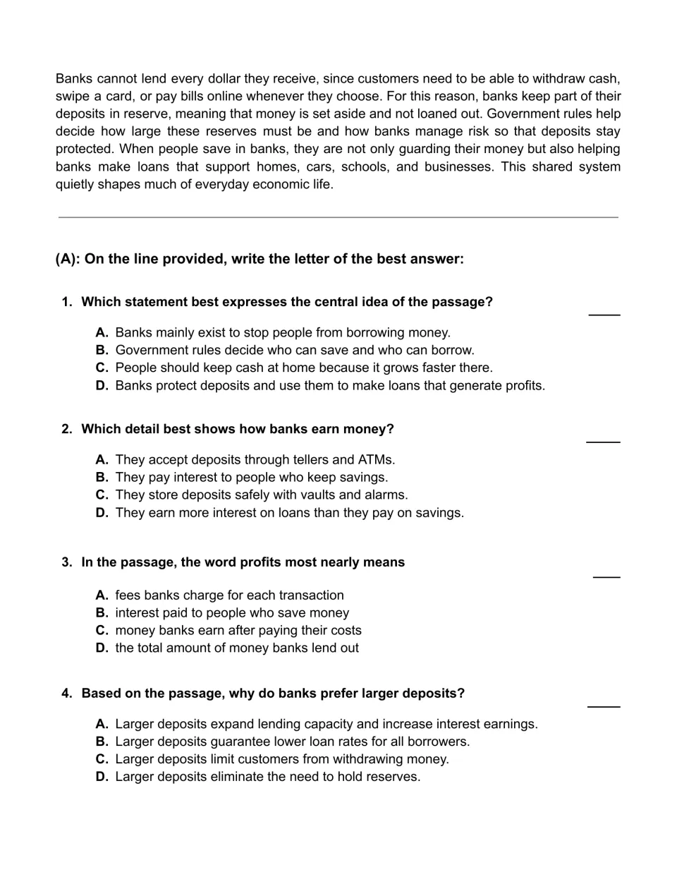 Bank reserves passage ending, then multiple choice: students pick the central idea, key detail and meaning of profits