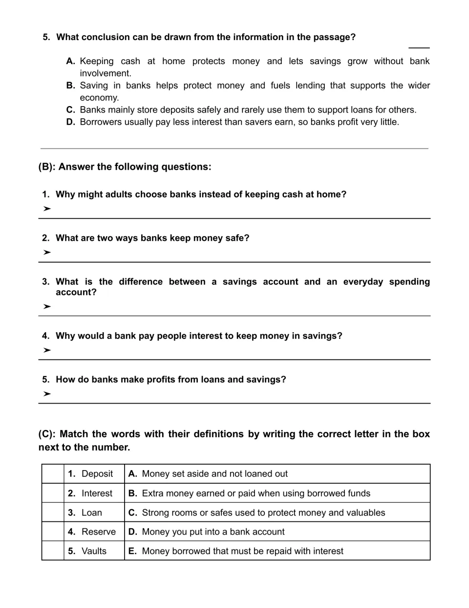 Banking questions: students draw a conclusion, write short answers on saving and loans, and match 5 terms to definitions