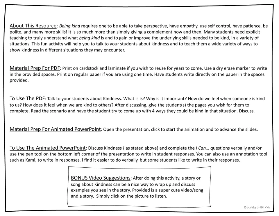 Teacher directions: material prep and how to use the PDF and animated PowerPoint, plus bonus kindness video suggestions