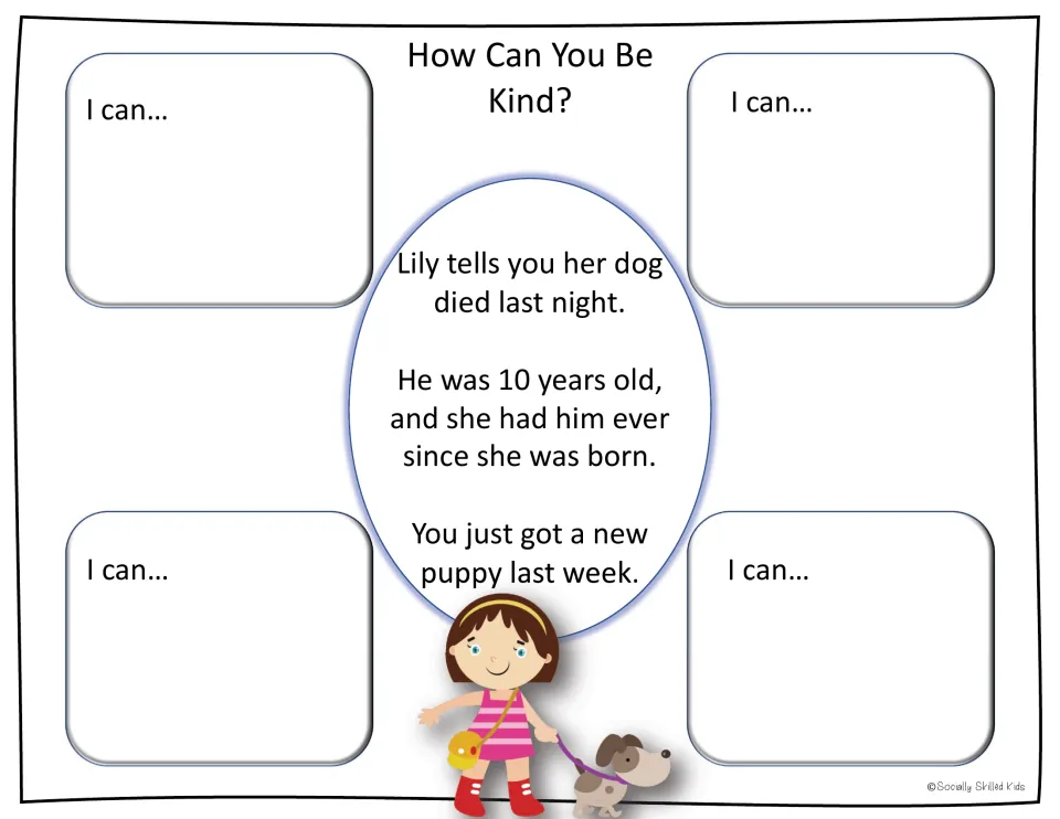 Kindness scenario: Lily's 10-year-old dog died and you just got a puppy; students list four I can... caring replies