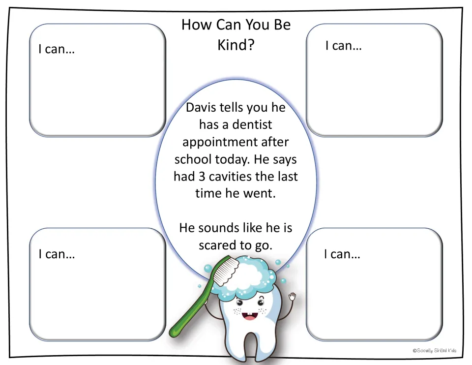 Kindness scenario: Davis sounds scared of his dentist visit after 3 cavities; students write four I can... ways to help