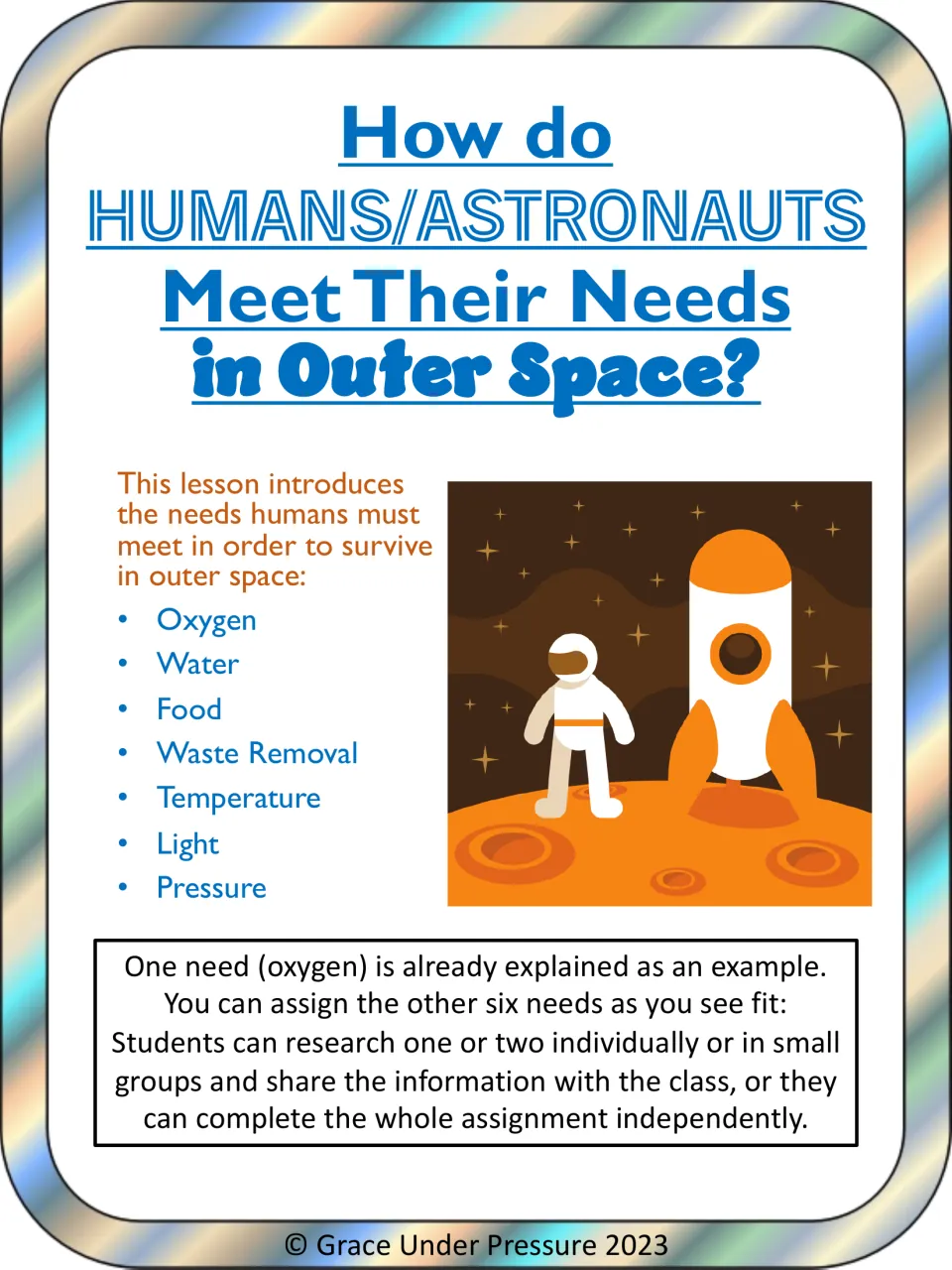 Cover for a space survival research lesson listing seven needs: oxygen, water, food, waste, temperature, light, pressure