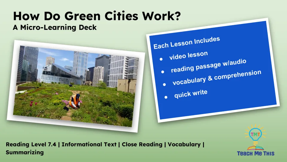 Lesson overview lists a video lesson, reading passage with audio, vocabulary and comprehension, and quick write
