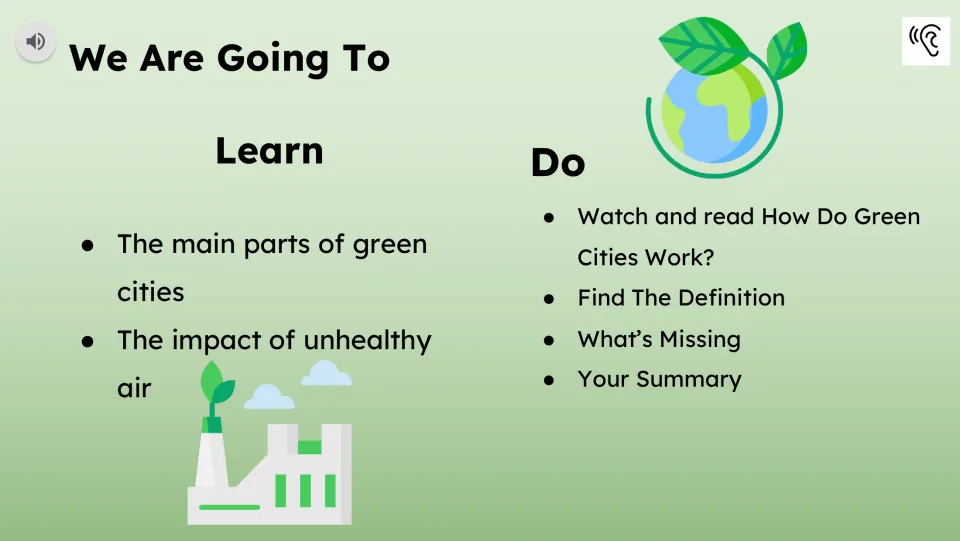 Learning goals introduce green city features and unhealthy air; tasks include reading, vocabulary, and a summary
