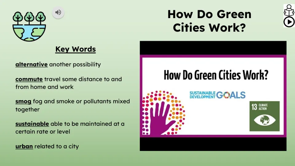 Video lesson slide defines five key words: alternative, commute, smog, sustainable, and urban