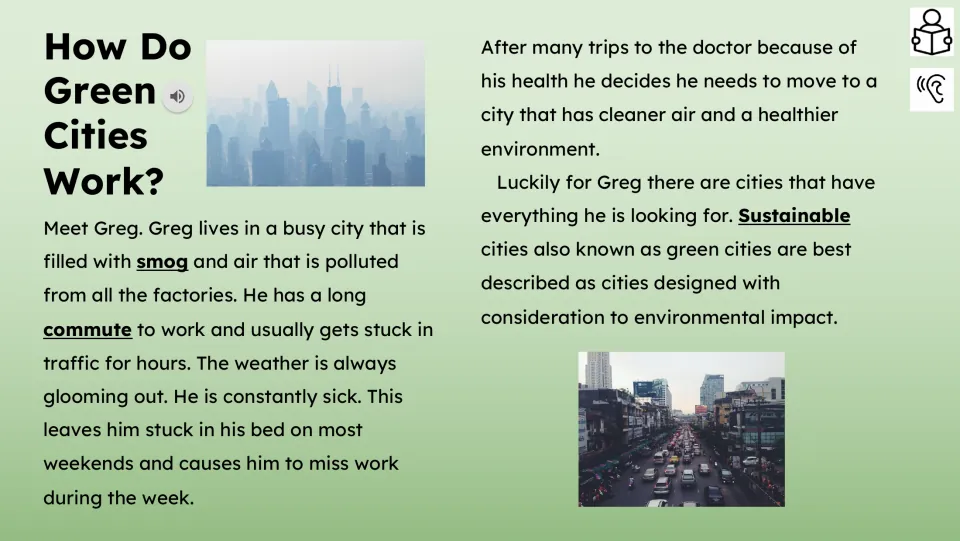 Reading passage opening introduces Greg's polluted city, long commute, poor health, and search for cleaner air