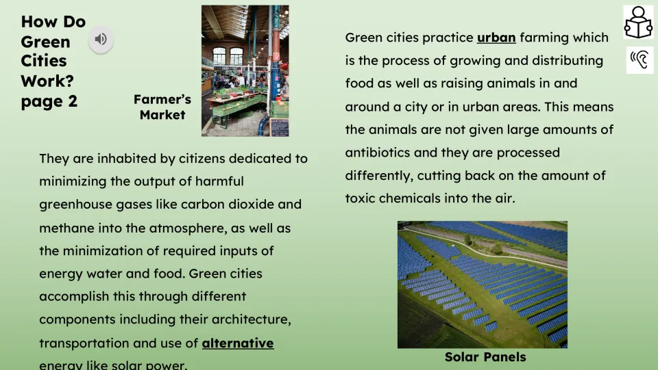 Reading passage part 2 explains reducing greenhouse gases, conserving resources, solar power, and urban farming