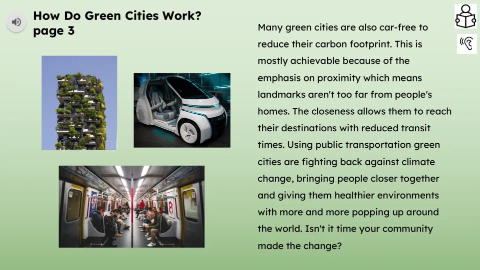 Reading passage part 3 discusses car-free cities, nearby destinations, public transportation, and climate change