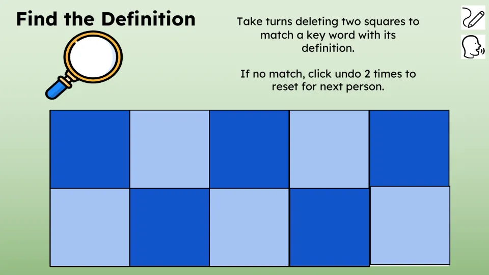Find the Definition activity asks students to uncover two items and match a key word with its definition