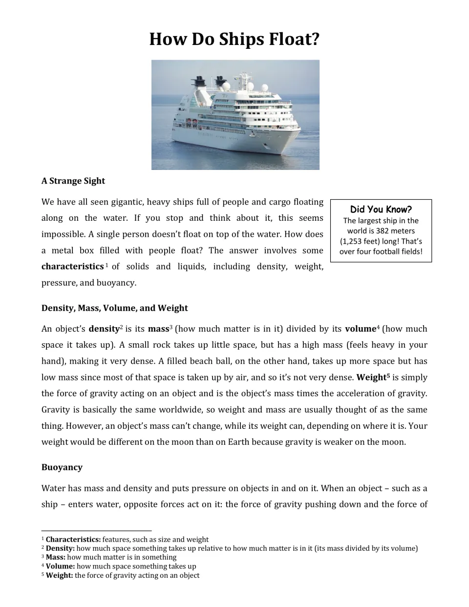 Ship buoyancy article opener with a cruise ship photo; students read how density, mass, volume and weight are defined