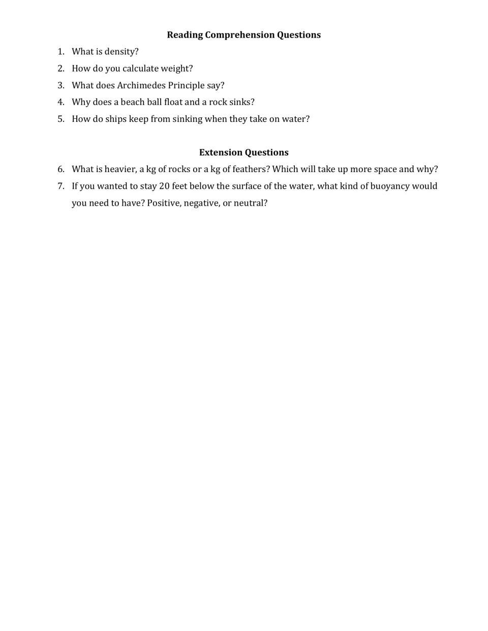 Buoyancy questions: students answer 5 reading comprehension items on density and Archimedes, plus 2 extension questions