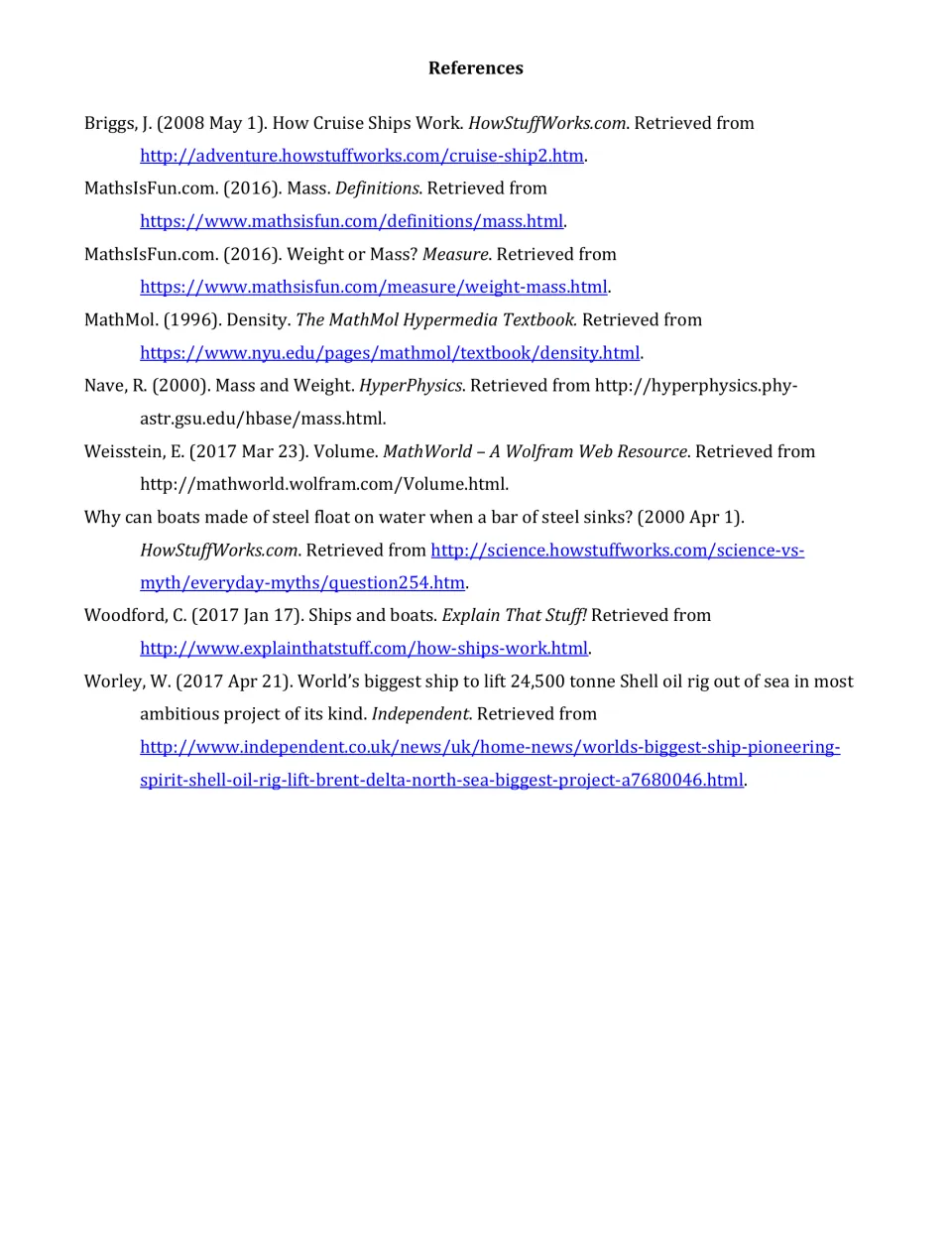 References list of sources on cruise ships, mass, weight, density and volume, from HowStuffWorks, MathsIsFun and others